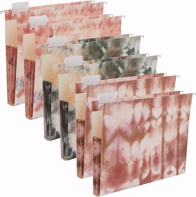 Y YOMA Letter Size - 6 Pack Extra Capacity Hanging File Folders with Pocket Accordion Decorative File Folder Cute Colored Expandable Folder for Office with 1/5-Cut Adjustable Tabs, Tie-dye Pattern