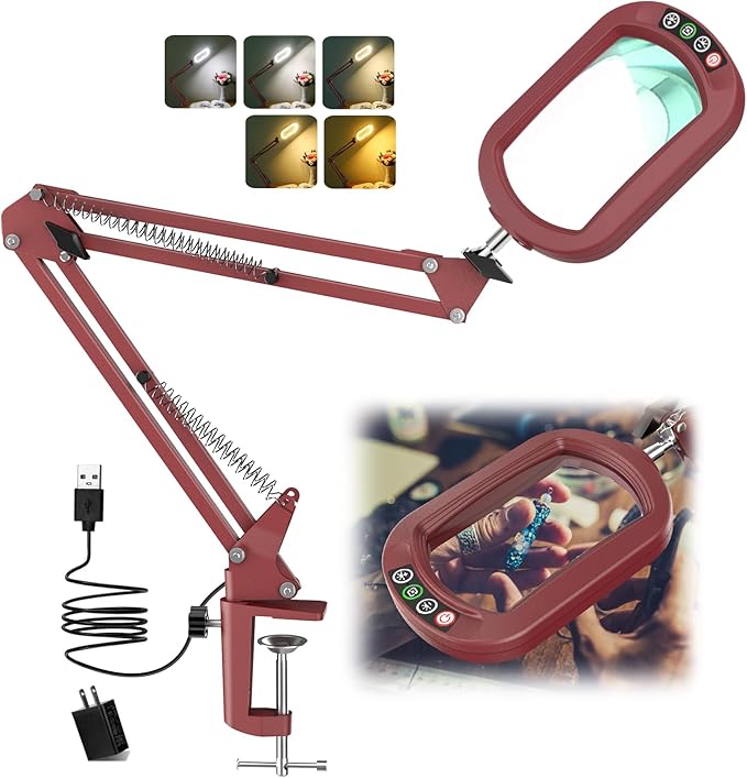 10X Rectangle Magnifying Glass with Light, 5 Color Modes Stepless Dimmable Magnifier with Stand, LED Lighted Clamp Desk Lamp with Swing Arm, Hands Free for Reading Painting Close Work - Red