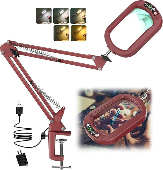 10X Rectangle Magnifying Glass with Light, 5 Color Modes Stepless Dimmable Magnifier with Stand, LED Lighted Clamp Desk Lamp with Swing Arm, Hands Free for Reading Painting Close Work - Red
