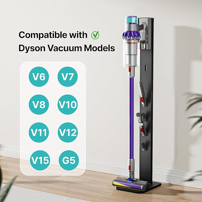 PEGZONE Vacuum Cleaner Stand, Compatible with Cordless Vacuums Dyson Gen5 V15 V12 V11 V10 V9 V8 V7 V6, Floor Vacuum Accessory Holder with 4 Hooks, Metal Storage Bracket Organizer, Black