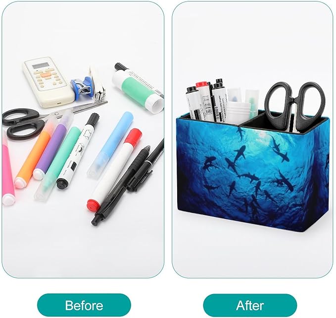 Pen Holder, Pencil Holder for Desk Organizer, Sea Ocean Animal Sharks PU Leather Pencil Cups Desktop Stationery Storage Makeup Brush Holder Pen Organizer for Office Home