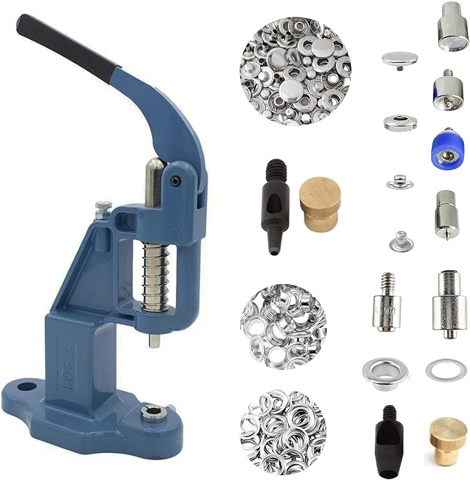 Hobby Trendy Hand Press with Rust Free Steel 50 Sets Ln24 15mm Fashion Spring Glove Snaps and 50 Sets Brass 8 mm (Nr5) Eyelets, Matching Dies and Hole Punches (Silver Supplies, Blue Press)