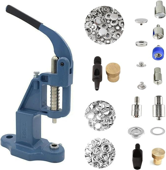 Hobby Trendy Hand Press with Rust Free Steel 50 Sets Ln24 15mm Fashion Spring Glove Snaps and 50 Sets Brass 8 mm (Nr5) Eyelets, Matching Dies and Hole Punches (Silver Supplies, Blue Press)