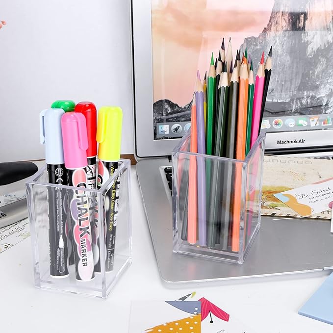 10 Pack Clear Acrylic Pen Holder Makeup Brush Holder Desktop Pencil Organizer Acrylic Pencil Cup Stationery Organizer Accessory for School Makeup Desk Office Pen Organizer