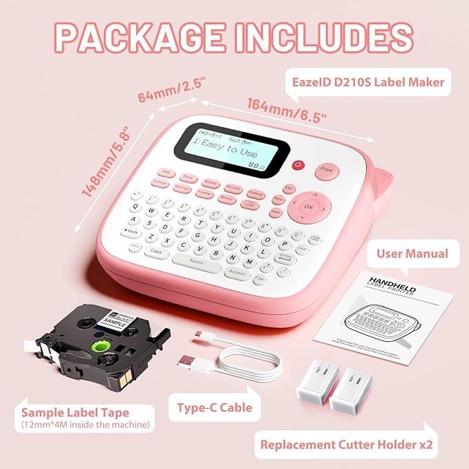 Pink Label Maker Machine with-Tape, Kids Label Maker Waterproof-Labels, D210S Portable Labeler Machine Multiple Fonts Frames Barcode for Home Kitchen Office School Use