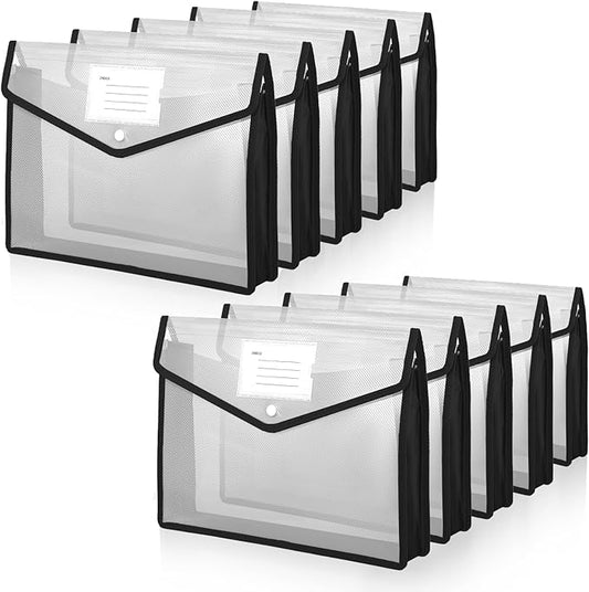 10-Pack Plastic File Folders Expanding Document Organizer with Snap Closure, Waterproof Transparent Pouch for Standard Letter Size Papers, Envelope Wallet with Card Slot & Durable PP Material