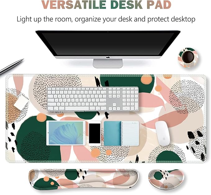 ARTSO Gaming Mouse Pad Wrist Support Set, XXL Large Desk Mat Mousepad + Keyboard Wrist Support+ Mouse Wrist Rest+Coaster 4in1 Ergonomic, Memory Foam, Stitched Edge for Home Office -Abstract Point