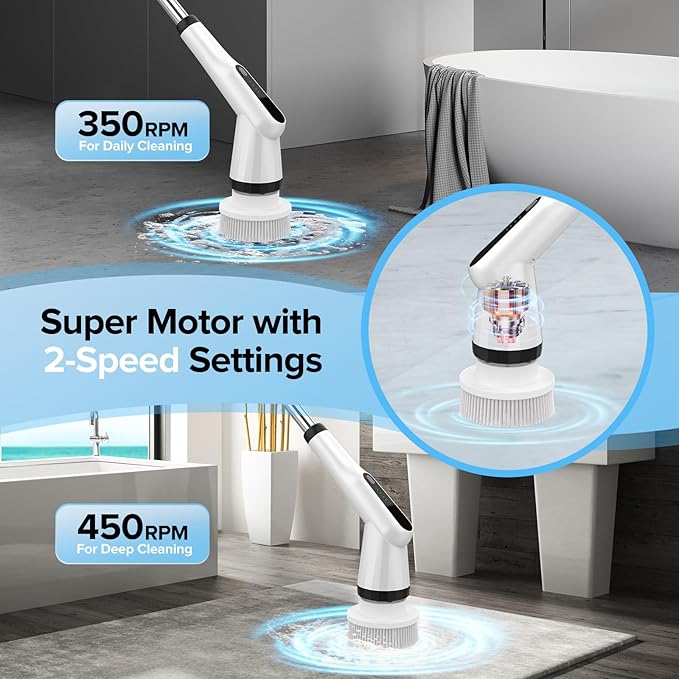 WKY-Electric Spin Scrubber - Upgraded 12-in-1 IPX7 Waterproof Shower Scrubber, Retractable Handle & 2-Speed for Toilet, Bathroom, Bathtub, Tile Floors