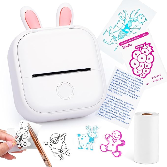 Memoking Mini Portable Printer - T02 Inkless Pocket Thermal Sticker Maker Mini Sticker Printer Mobile Label Maker for Student, Gift, White (Bunny Case Not Included)