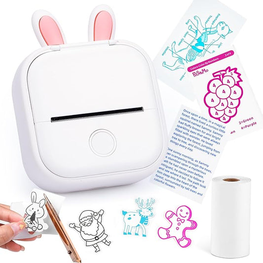 Memoking Mini Portable Printer - T02 Inkless Pocket Thermal Sticker Maker Mini Sticker Printer Mobile Label Maker for Student, Gift, White (Bunny Case Not Included)