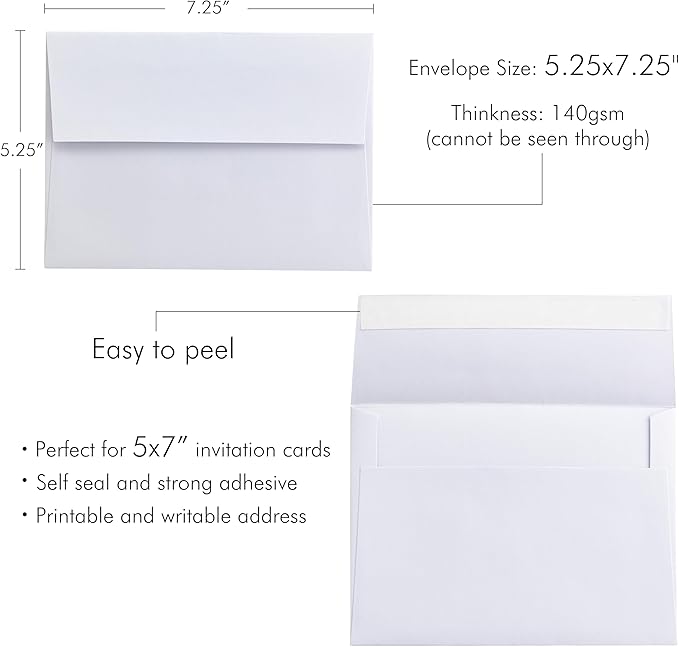 PONATIA 50 PCS 5x7 Envelopes, Self- Adhesive White A7 Envelopes for Weddings, Invitation Cards, Photos, Postcards, Greeting Cards Mailing, Baby Shower, Graduation, Christmas Gift Cards