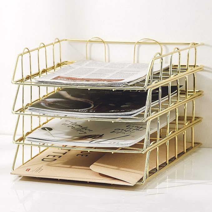 Jolitac Rose Gold 4-Tier Stackable Paper Tray Desk Organizer, Workspace Decorative Stacking Rack Supplies Holder, Metal Letter Trays for File Documents in Home & Office (Gold)