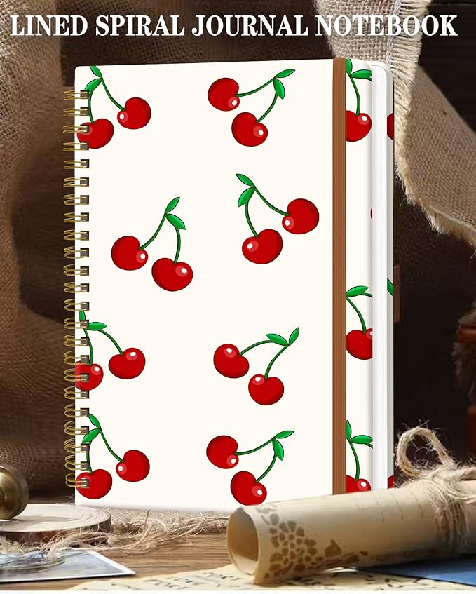 Spiral Journal Notebook for Women, Hardcover A5 College Ruled Notebook, 60 Sheet, Thick Paper, Cute Lined Journal for School, Office & Work, 6 x 8.4 in(Cute Cherry)