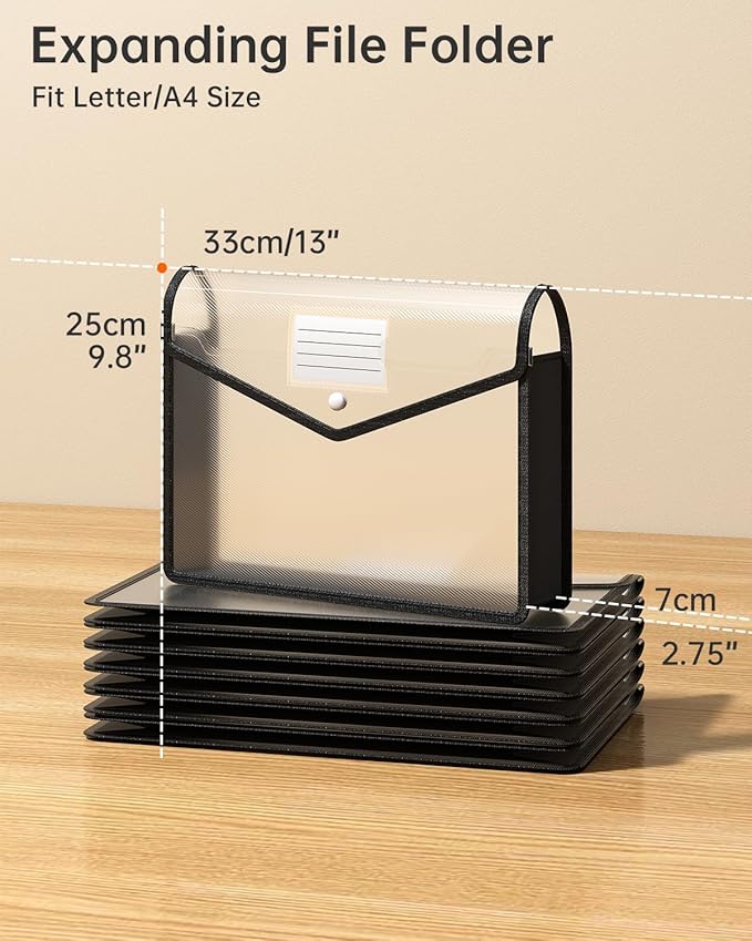 Plastic Expanding File Folder, Transparent envelopes with Snap Closure, No Dividers, Large Capacity, Black File Folder Organizer Holder, Bills&Taxes, Letter/A4 Size for School/Office/Home-7 Pack