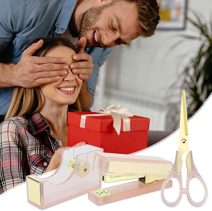 Buqoo 1-Inch Core Clear Acrylic Pink Gold Tape Dispenser Heavy Duty, Stapler with 950Pcs 24/6 26/6 Rose Gold Staples, Scissors for Stationery Desk Set School Home N Office Supplies