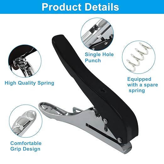 8 mm Single Hole Punch, Portable Hand Held Paper Hole Puncher, Black Long Hole Punch for Paper, Cards, Plastic