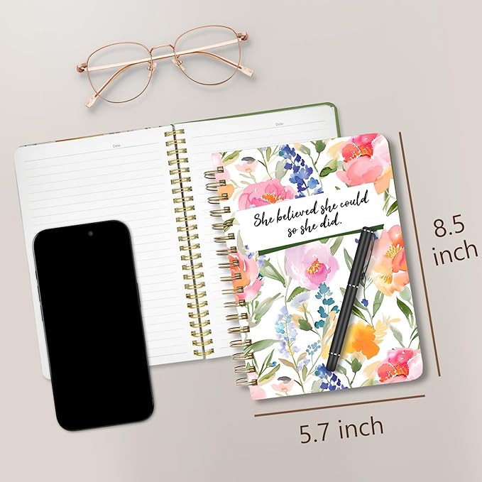 Cute Spiral Notebook journal A5 Aesthetic Pretty Floral Design for Women Girls Kawaii with Pocket, 8.5 x 5.7 inch, Flower