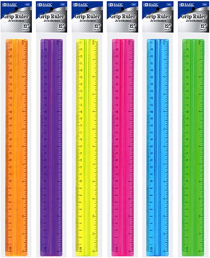 BAZIC Plastic Ruler 12" (30cm) w/Handle Grip, Inches Centimeter Metric Measuring Drafting Rulers, for Students School Supplies, Assorted Color, 24-Pack