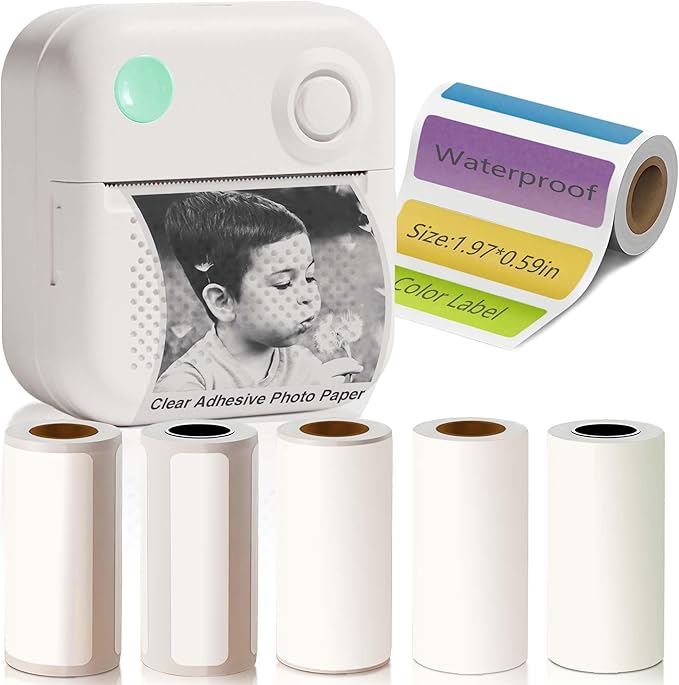 Label Maker Machine with 6 Waterproof Tapes, Thermal Label Maker, Portable Mini Bluetooth Label Printer with Clear Tape for Home, Kitchen, School, Office Organization