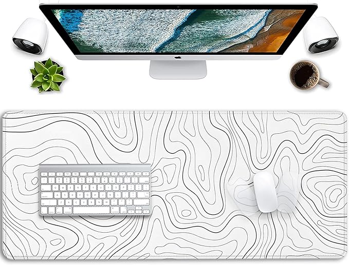 White Topographic Mouse Pad,Gaming Desk Pad with Stitched Edges Non-Slip Rubber Base Extended XL Mousepad Big Desk Mat for Office Home Work(27.5X11.8 Inch)