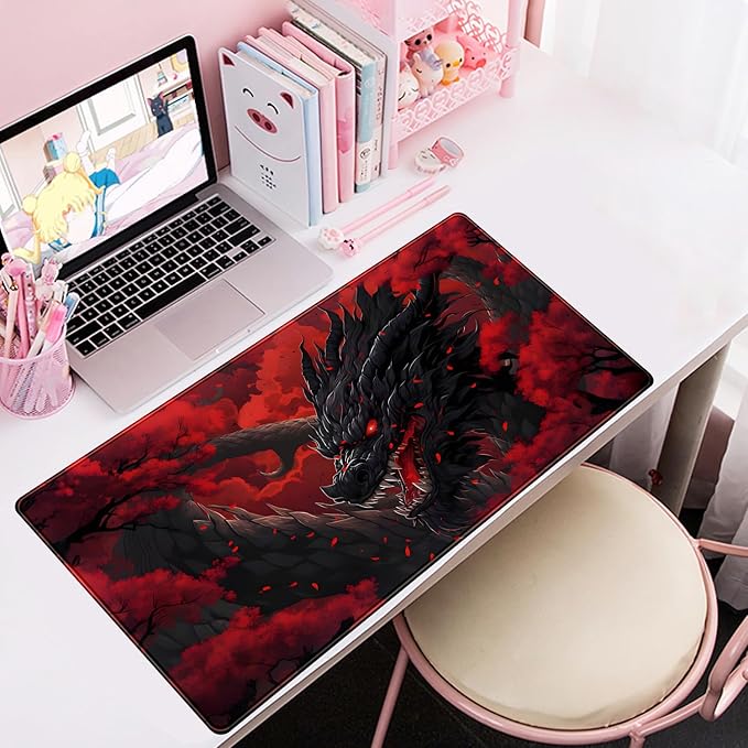 Huge Dragon Large Mouse Pad - Red and Black Mousepad, Big Full Keyboard and Mouse Pad with Stitched Edges, Anti-Slip, Funny Desk Pad, 31.5 X 15.8 in.