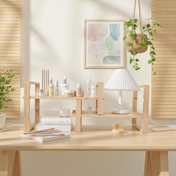 Desk Organizer Adjustable & No Assembly Needed, Solid Pine Wood, Desktop Shelf Holds up to 130lbs for Office, Books, Bathroom Storage, Organization-Pine Nature Wood Color