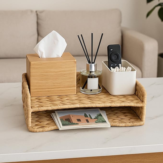 PINXIURY 2-Tier Water Hyacinth Letter Tray – Woven Paper & Mail Organizer for A4 Files, Magazines, Office Documents Desktop File Basket for Home Office Supplies