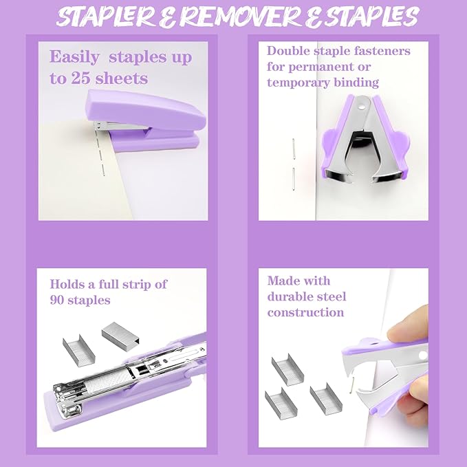 Purple Desk Accessories, 17Pcs Purple Office Supplies Set Include Mesh Desk Organizer, Stapler, Tape Dispenser, Staple Remover, Pen Holder, Clips, Pens, Ruler, for Office Home School Women