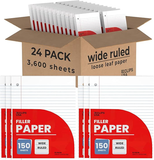 Wide Ruled Notebook Paper, Loose Leaf Paper, 10.5” x 8” Filler Paper, 56 gsm, 3600 Sheets, 150 Per Pack (24 Pack)