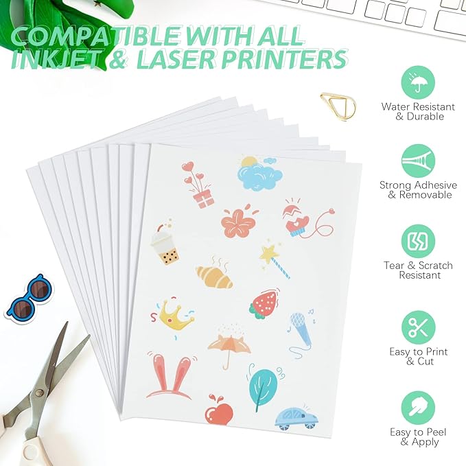 HTVRONT Printable Vinyl for Inkjet Printer & Laser Printer - 10 Sheets Matte White Printable Vinyl Sticker Paper Vivid Color Dries Quickly, 8.5"x11" Tear Resistant