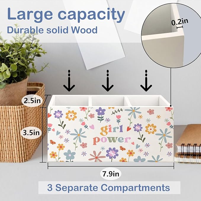 SNNDER Girl Power Pen Holder for Desk, Feminist Gifts, Female Women Empowerment Gifts, Wildflower Floral Aesthetic Wooden Pen Pencil Holder Organizer for Home Office Desk Accessories