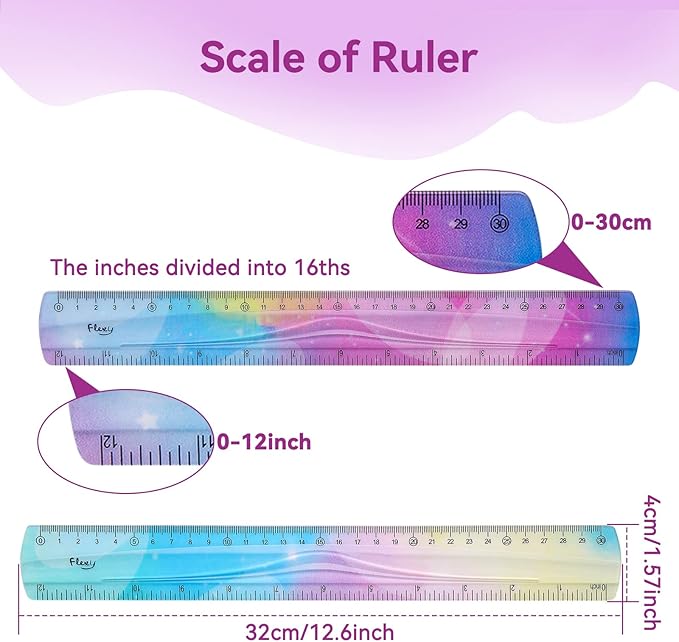 Grevosea 2-Piece 30cm/12inch Flexible Shatterproof Plastic Ruler - Colorful, Bendable, Straight Edge - Ideal for Kids & Adults, School, Home, Office