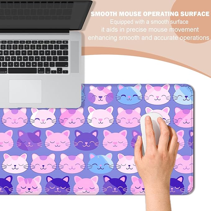 Purple Cute Cat Gaming Desk Mat, Extended Large Minimalist Kawaii Animal Aesthetic Mouse Pad, Computer Keyboard Laptop Mousepad for Work, Office and Home, XL