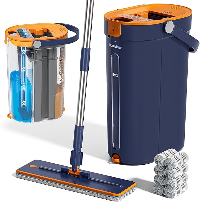 HoMettler Mop and Bucket Set with Wringer, 3-Tank Flat Mop and Bucket System, Wall Mop Cleaner with Long Handle, Hands Free Mops for Floor Cleaning with 8 Microfiber Pads