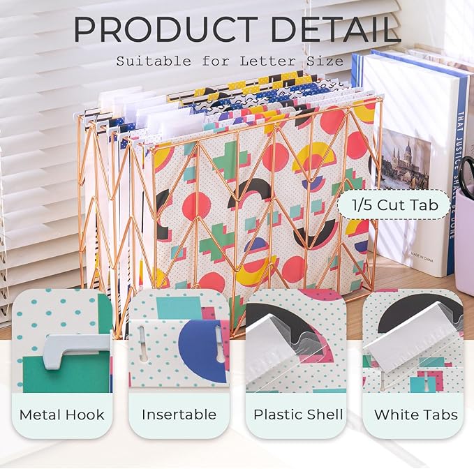 6 Pack Hanging File Folder Letter Size Reinforced Hanging Folders with 1/5-Cut Adjustable Tabs File Folders for Filing Cabinet Organizer for Office Home, Memphis Design