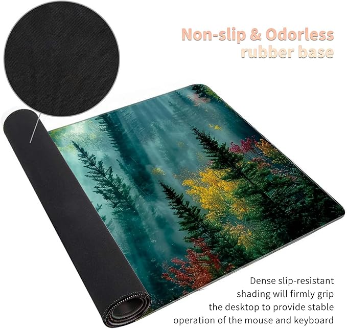 Desk Mat Large Gaming Mouse Pad (31.5x11.8 inch) with Stitched Edges, XL Mouse Pad +Coaster, Extended Mouse Mat Keybroad Mousepad Non-Slip Rubber for Gamer Men Women, Landscape Nature Forest