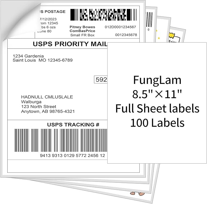 Full Sheet Sticker Paper, 8.5" x 11" Full Page Labels for Laser & Inkjet Printers, 100 Labels