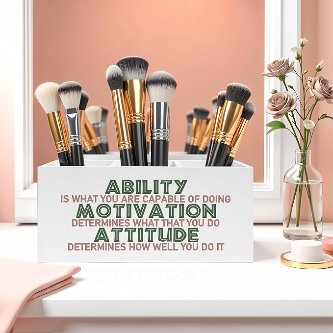 Motivational Office Pencil Pen Holder for Desk, Ability Motivation Attitude Wooden Pencil Holder Organizer for Home Office Desk Accessories, Encouragement Gifts for Women