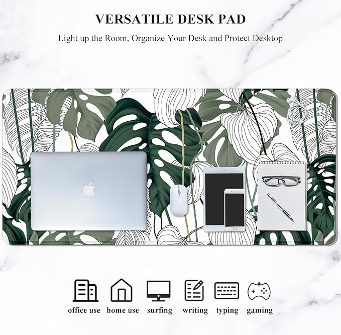Auhoahsil Desk Mouse Pad, Large Gaming Mousepad, XXL Desk Pad, Extended Long Superior Micro-Weave Cloth Non-Slip Rubber Big Computer Mouse Mat for Gamer, Office & Home, 35" x 15", Abstract Monstera