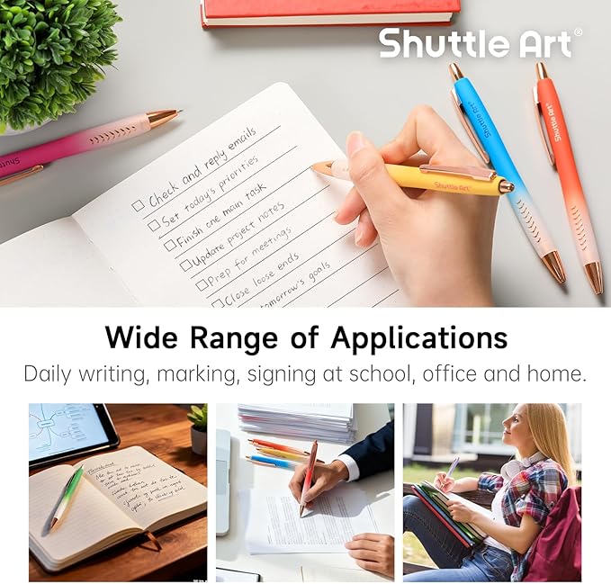 Shuttle Art Fancy Pens Gift Set, 12 Pack Colored Retractable Black Ink Ballpoint Pens, Cute Pens 1.0mm Medium Point Waterproof Elegant Gift Set for Writing Journaling Note Taking School Office Home