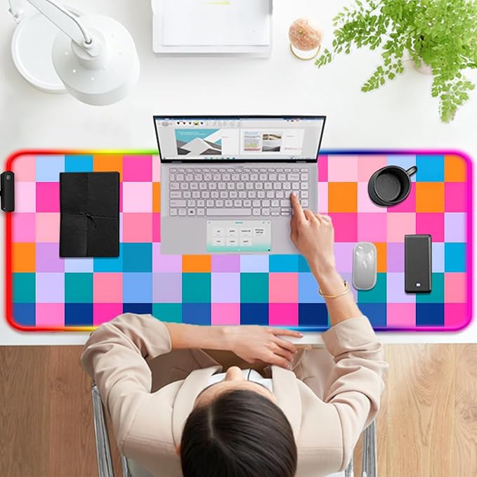 RGB Retro Coloful Checkered Gaming Desk Mat, Computer Keyboard Large Extended Long LED Mouse Pad for Office and Home, XL (W20)