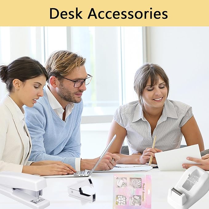 Office Supplies,Desk Accessories,Tape Holder,Stapler,Scissor,Staple Remover,Box of Binder Clips,Staples,Ballpoint Pen,Sticky Notes,Clear Tape,Ruler,Office Supplies Set White
