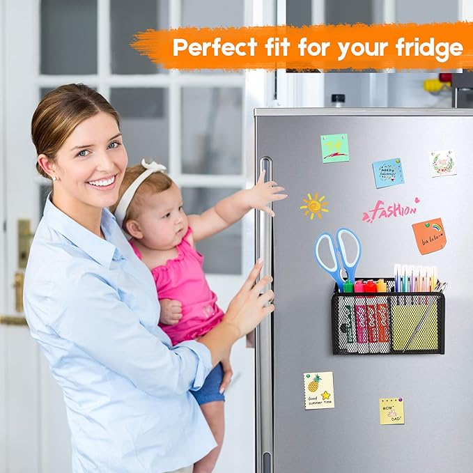 Magnetic Pencil Holder - Extra Strong Magnets Mesh Marker Holder Perfect for Whiteboard, Refrigerator and Locker Accessories (2 Baskets, 1 Pack Black)