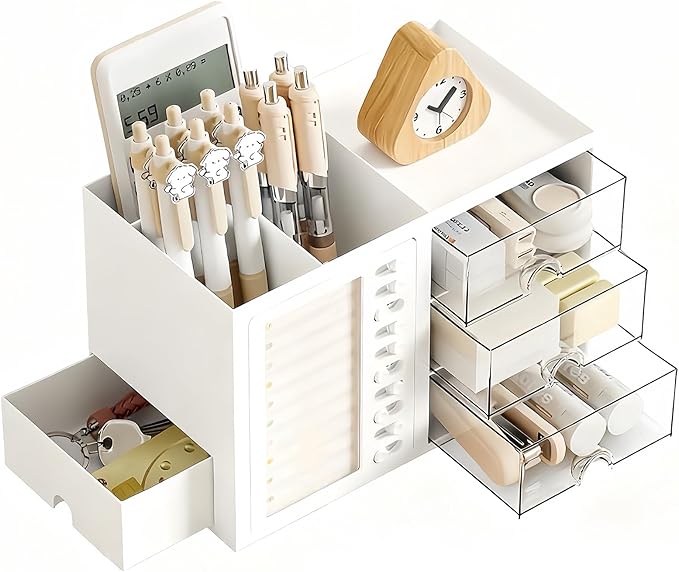 Desk Organizer with Drawer, Stationery Pencil Pen Holder for Desk, Multi-functional Desk Organizers and Accessories, Workspace Organizers for Office School Home Supplies