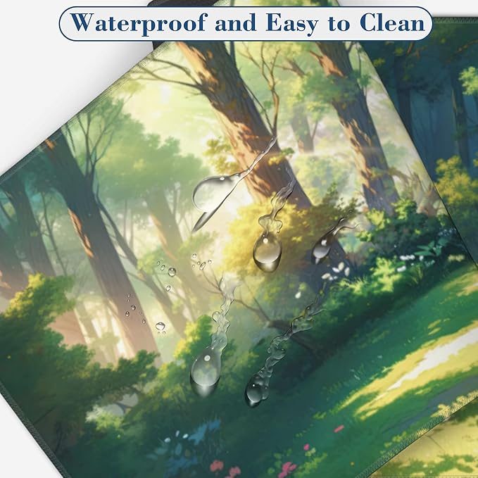 Anime Woodland Forest Mouse Pad Desk Mat XL Large Gaming Mousepad Extended Computer Keyboard Mat with Non-Slip Rubber Base and Stitched Edge 11.8 x 31.5 Inch for Gaming and Office Work