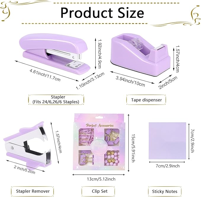 Office Supplies Set,Desk Accessories,Stapler and Tape Dispenser Set,1000 Staples,Staple Remover,Hinder Clips,Ruler,Scissor,Clear Tape,Ballpoint Pen,Sticky Notes,Gifts for Colleagues(Purple)