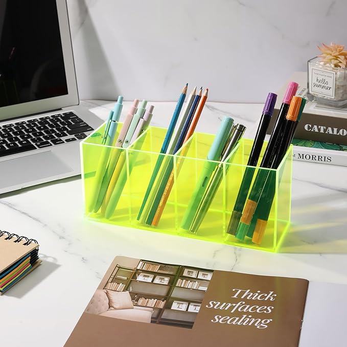 Pen Holder for Desk Neon Acrylic Pencil Holder Cup Makeup Brush Storage Organizer for Vanity, Neon Green