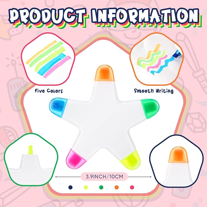 Geyee 12 Pcs Star Highlighters Bulk Highlighters Assorted Colors Creative Star Shape Watercolor Cute Pens 5-in-1 Color Fluorescent Pens for School Office Stationery Aesthetic School Supplies