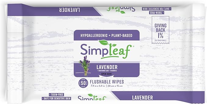 Simpleaf Flushable Wet Wipes Lavender | Plastic Free, Paraben & Alcohol Free | Hypoallergenic & Safe for Sensitive Skin | Soothing Aloe Formula | Adult Toilet Wipes (12 x 50 Counts Pack) 600 Counts