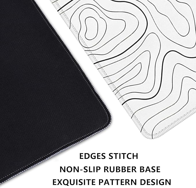White Topographic Mouse Pad,Gaming Desk Pad with Stitched Edges Non-Slip Rubber Base Extended XL Mousepad Big Desk Mat for Office Home Work(27.5X11.8 Inch)